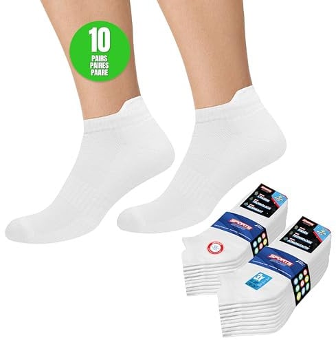 SOXCO Chaussettes Homme Femme Sport 43-46 Socquettes Basses Courtes - Lot de 10 Paires (EU 43 46, Blanc)