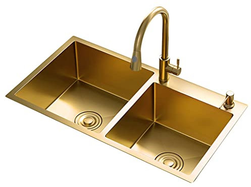 Fregadero Nano Dorado con Grifo, Fregadero de Cocina de Acero Inoxidable, Grifo extraíble Dorado, Fregadero Doble, Fregadero de Gran Capacidad, Fregadero de Barra, Fregadero de baño