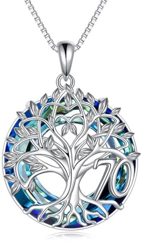 YFN 70th Birthday Gifts for Women Sterling Silver Tree of Life Necklace with Blue Crystal Mothers Day Christmas Jewelry Gifts for Mother Grandma Nana (70th)