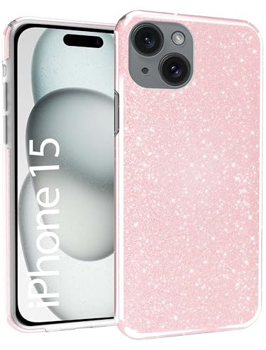 N NEWTOP 3in1 Cover Compatibile Apple iPhone 15, Custodia Case GLITTER Brillantini Paper Interno Bling TPU + PC Flessibile Morbida Case Posteriore Lucida Protezione Fotocamera (Fucsia)