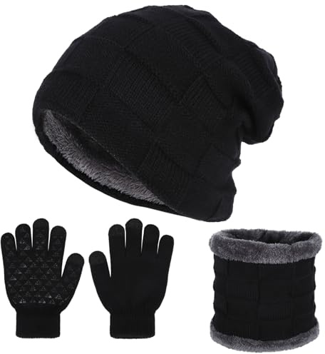 Fadcaer 3 In 1 Set Kids Winter Hat Scarf and Gloves Set, Winter Beanie Hat, Knit Warm Winter Cap Gloves Neck Warmer, Thick with Soft Fleece Lining, Boys 2-10 Years