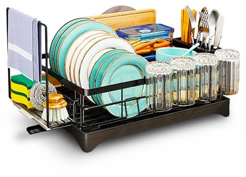 DINEST Escurridor de platos de 1 nivel para encimera de cocina con portavasos, escurridores de platos de hierro inoxidable con portavasos desmontable, ranura de agua de 270 grados para soporte de