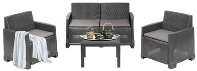 Dmora - Outdoor-Lounge-Set Vieste, Gartenkomposition mit 2 Sesseln, 1 Sofa und 1 Couchtisch, Rattan-Effekt mit Kissen, 100% Made in Italy, Anthrazit