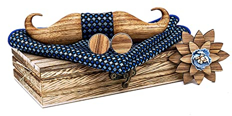 Generisch Holzfliege Handgefertigte Schnurrbart Hölz Fliege - Verstellbare Größe - Inkl Manschettenknöpfe, Brosche, Einstecktuch, Holzfliege, Geschenkbox für Hochzeiten, Party, Abendessen (CO #5)