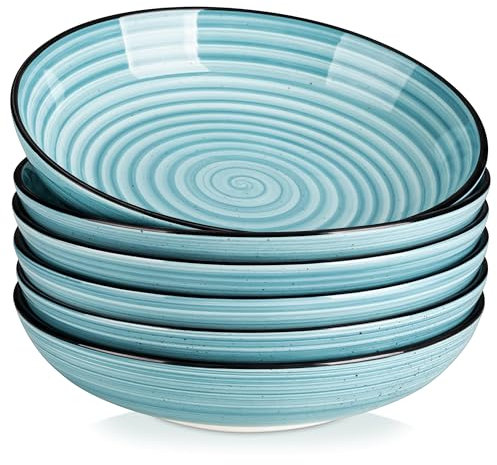 vancasso Bonbon Large Pasta Bowls Set of 6, 50 oz Ceramic Salad Bowls, Microwave & Dishwasher Safe Soup Bowls, Serving Bowls for Kitchen and Dinner, Blue