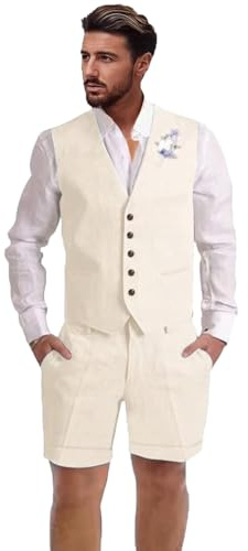 Dsteng Mens Linen Suit 2 Piece Short Suits for Men Casual Summer Beach Wedding Suit Linen Vest Shorts Set, Beige, 4XL