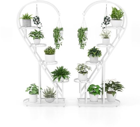 GOPLUS 5-stufiger Metall-Pflanzenständer in Herzform, Pflanzenregal mit 4 Aufhängehaken, Lamellenablagen, wandelbarer Blumenständer, Leiter Pflanzenregal für Wohnzimmer, Balkon (Weiß)