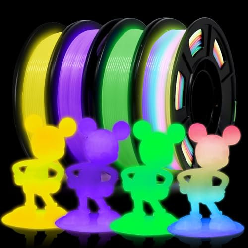 Eono 3D Printer Filament Bundle, Glow in The Dark Filament Multicolor, Green, Yellow, Purple and Rainbow, PLA Filament 1.75 mm, Dimensional Accuracy +/- 0.03 mm, 250g X 4 Pack