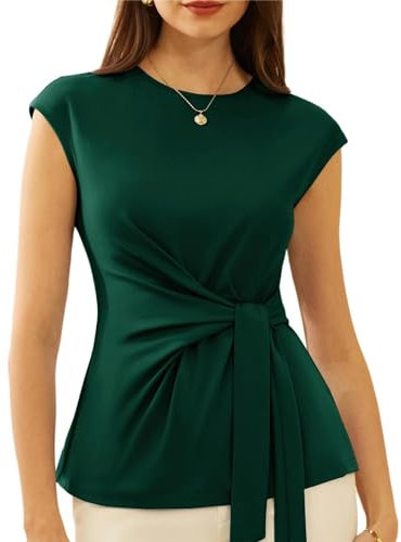 Damen Slim Fit Plissee-Top Kurz Flügelärmel Bluse Rundhals Tunika Taillen Wickelbluse Einfarbige Business Shirt Arbeit Büro Outfit Dunkelgrün M