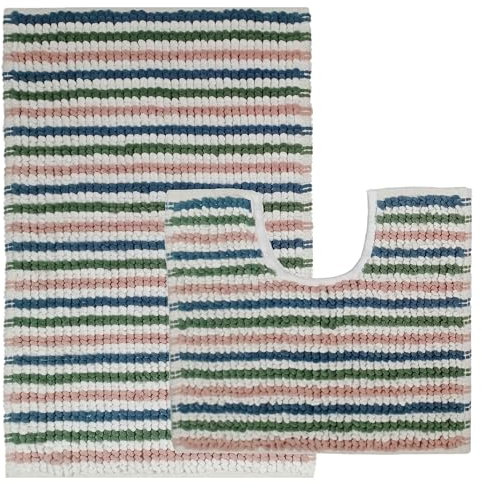 Olivia Rocco Amalfi 2 Piece Bath Mat Set Extra Soft Easy Care Plush Bath Rug + Toilet Mats Super Soft Cotton Water Absorbent Pedestal Bathmat For Bathroom Toilet Shower, Multi