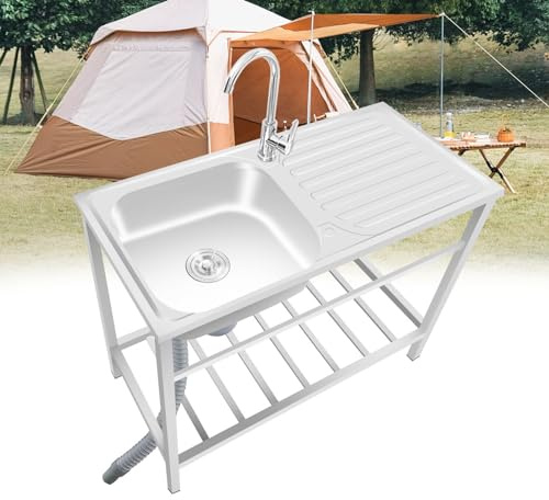 Ukkajovlex Fregadero Portatil Camping con Desague Fregadero Simple Al Aire Libre con Soporte Fregadero Exterior Jardin 1 Seno Banco De Trabajo Pila De Lavar Fregadero Industrial Fácil de Montar