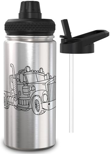 TAKWAY Isolierte Trinkflasche Kinder Edelstahl 0,5L mit 2 Aufsätzen - Auslaufsichere Edelstahl Trinkflasche mit Strohhalm 500ml - BPA frei - Schule, Sport (Truck)