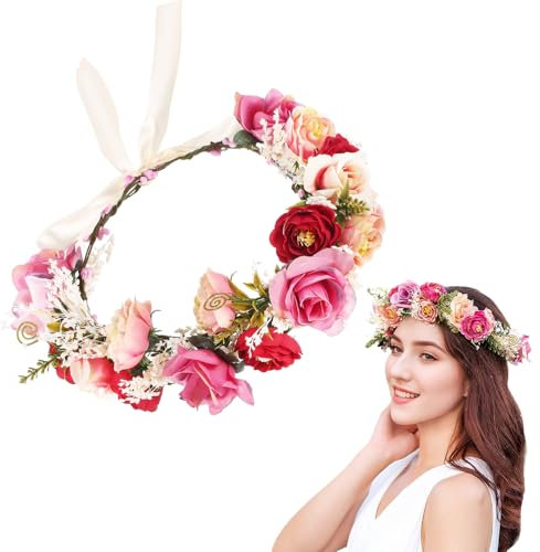 Blumenkrone - Verstellbarer Blumenkranz Haare, Stirnband, Blume Krone, Boho Rose Floral für Damen Hochzeit Party Strand Photo Requisiten