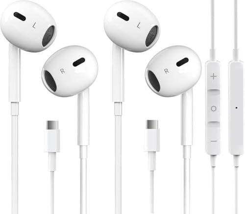 2 Pack USB C Headphones for iPhone 15, Type C EarphonesHiFi Stereo Wired Earbuds with Microphone and Volume Control for Samsung Galaxy S23/S22/S21/S20/Ultra Note 10/20, Huawei, Google Pixel