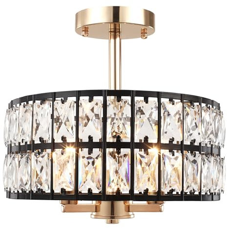 Moderne Deckenleuchte Schwarz Gold Kristall Deckenlampe, 3 Flammige Deckenleuchte Wohnzimmer Metall Rund Ø32cm Kristall Lampenschirm Kronleuchter Deckenlampe Schlafzimmer E14 für Esszimmer Küche Flur
