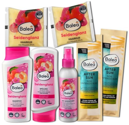 Balea 7er Set: Shampoo 300 ml, Spülung 300 ml, Sprühpflege 150 ml für Geschädigtes Strapaziertes Haar, Haarkur 2 x 25 ml für stumpfes Haar, Haarkur 2 x 20 ml für trockenes Haar