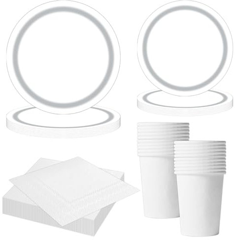 MORAINJAY Set di 68 Pezzi di Stoviglie Bianche per Feste, Piatti di Carta, Bicchieri, Tovaglioli, Stoviglie per Compleanni, Matrimoni, Baby Shower, Lauree, Anniversari, Set per 16 Ospiti