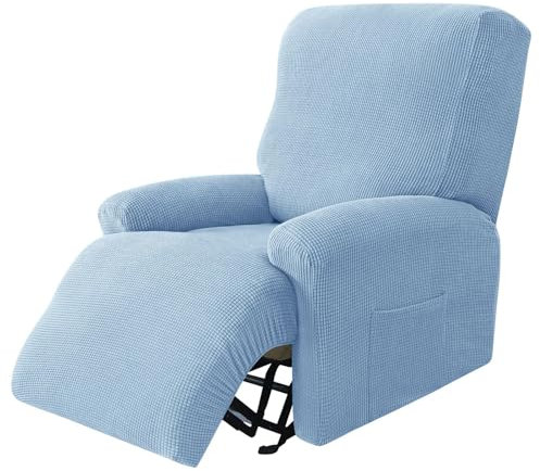 Hearda Sesselschoner für Relaxsessel, Plüsch-Jacquard Stretch Sesselschoner, 4-Teilig Relaxsessel Bezüge, rutschfest Recliner Cover, Waschbar Sesselbezug mit Taschen (Hellblau)