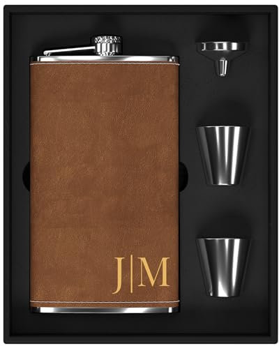 Custom Flask Gift Set for Men 12 oz, 304 Steel Stainless Personalised Hip Flask for Whiskey Alcohol, Large Engraved Flask with Initials for Wedding Groomsmen Christmas Birthday Gifts (Brown)