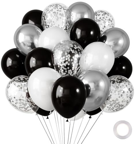 Luftballons Schwarz Silber Weiß,10 Stk 12 Zoll Metallic Silber Schwarze Luftballons Geburtstag,Silber Konfetti Luftballons,Schwarze Ballons für Geburtstag,Silber Hochzeit,Ruhestand,Neujahr Party Deko