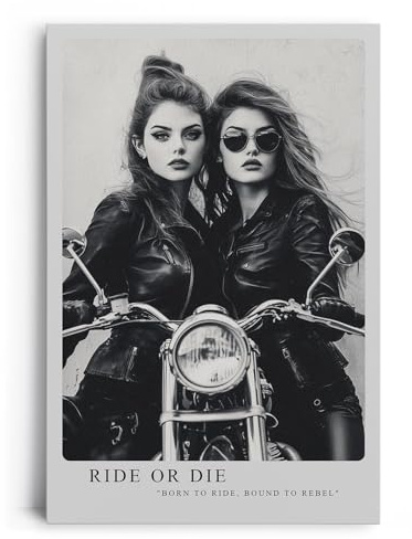 Paul Sinus Leinwandbild 80x120cm rebellische Bikerinnen in stilvoller Schwarz-Weiß-Ästhetik mit kraftvoller Dynamik – ikonisches Leinwandbild