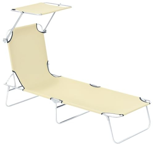 Outsunny Tumbona Plegable Reclinable con Toldo 187x58x36 cm Beige | Tumbona de Jardín Exterior, Toldo Desmontable, Ángulo Regulable, Respaldo Ajustable 4 Niveles, Terraza Piscina Patio