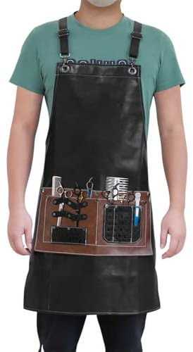 Delantal De Peluquero De Cuero Impermeable Ajustable Espalda Cruzada Delantales De Trabajo con Bolsillos Extraíbles para Hombres Y Mujeres Apto para Baristas Restaurantes Floristas