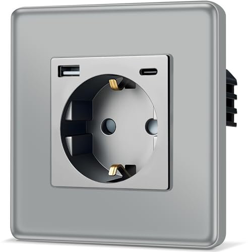 TAWOIA Schuko Steckdose Mit 20W(MAX 4A) USB Schnelllade Schnittstelle, EU-Standard 1 Fach Unterputz Mit 2,5D Curved Glas Platte, Wandsteckdose Grau 86 * 86mm