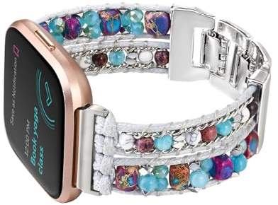 CHARMINGO Braccialetto intrecciato Boho compatibile con Fitbit Versa 4/Versa 3/Sense/Sense 2 cinturini da donna, cinturino fatto a mano con perline in pietra naturale per smartwatch Fitbit, argento