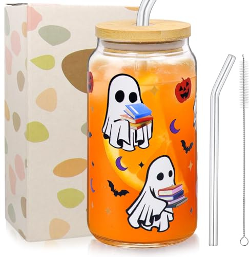 Halloween Tasse, 500ml Trinkbecher mit Deckel und Strohhalm, Kürbis Glas, Halloween Becher Gläser, Trinkglas,Herbst Kürbis Geist Glas Tasse für Frauen Halloweens Thanksgiving Party Geburtstag Geschenk