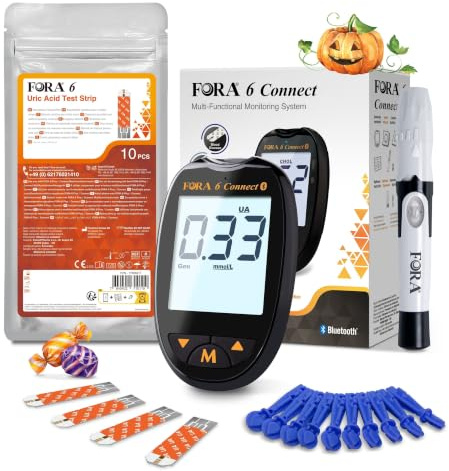 FORA 6 Connect mmol/L Harnsäuremessgerät mit 10 Teststreifen + 10 Lanzetten | Bluetooth & App-Synchronisation | Für Gichtkontrolle & Harnsäureüberwachung