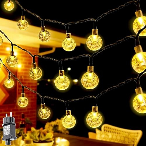 MOLVCE Lichterkette Außen Strom 20M 200led, Lichterkette Kristall Kugel Außen Wasserdicht mit Stecker, 8 Modi und Timer für Innen Außen, Balkon, Garten, Bäume, Hochzeit, Weihnachten, Warmweiß