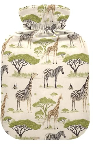 Wärmflasche, 2 l, großer Wärmbeutel mit weichem Plüschbezug, Giraffe und Zebra, auslaufsicherer Schraubverschluss, ideal für Wintersport, Outdoor, Rücken, Nacken und Bein, kalte Muskelschmerzen und