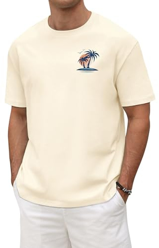 Xnova Tee Shirt Homme Coton T-Shirts À Manches Courtes Homme Coupe Large, Décontracté Col Rond avec Imprimé Coucher De Soleil Palmier pour Vacances Plage Été
