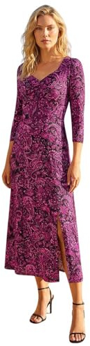 Roman Abstract Animal Print Ruched Midi Dress for Women UK - Ladies Autumn Everyday Winter Holiday Sweetheart Neckline Comfy 3/4 Sleeve Soft Frock Jersey Gowns - Paisley Magenta - Size 16