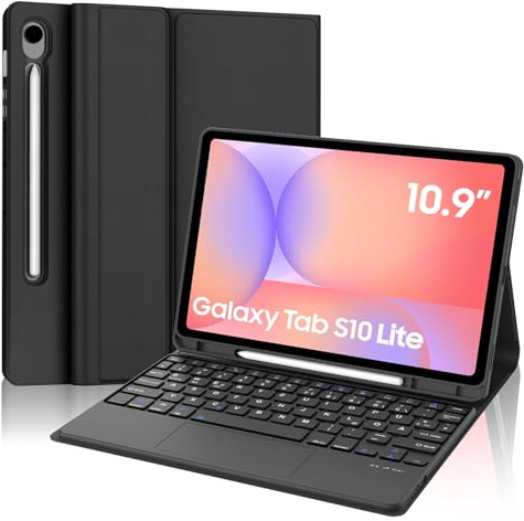 Hülle Tastatur für Samsung Galaxy Tab S10 Lite/S10 FE /S9FE 10.9 Zoll | Mit Trackpad Magnetisch Abnehmbarer Bluetooth Dünne Tastatur und Soft TPU Hülle für Büro/Studie/Schreiben, Schwarz