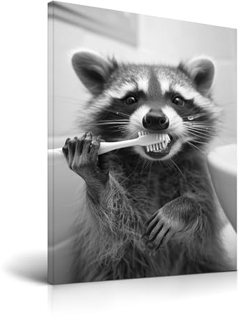 HesenDot Waschbär Pinsel Zähne Badezimmer Wandbild, 30x40cm | Lustiges Tierkunst Leinwandbild, Schwarz-Weiß Humorvolle Tier Wanddeko für Bad Toilette Kinderzimmer Gäste-WC