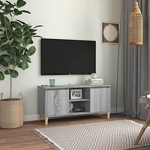 Tonture Meuble TV scandinave Sonoma Gris avec Pieds en Bois Massif d'eucalyptus 103,5x35x50 cm, Buffet avec 2 étagères 2 Compartiments, Rangement Salon Chambre Design Moderne
