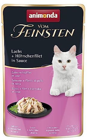 animonda vom Feinsten Katzenfutter nass mit Lachs + Hühnchenfilet in Sauce (18 x 50g), getreidefreies Katzenfutter nass ohne Zucker, mit frischen, fleischigen Zutaten