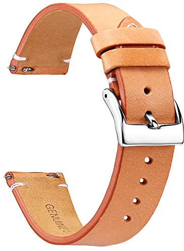BINLUN Leder Uhrenarmband Schnellverschluss Lederarmband 12mm 14mm 16mm 18mm 20mm 22mm 24mm Uhrenband mit Edelstahl Silber Schnalle Smartwatch Ersatzarmband für Herren Damen (Orange, 20mm)