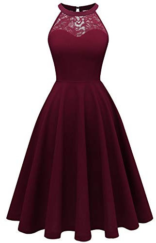 Bbonlinedress Abendkleider elegant für Hochzeit Sommerkleid Damen Festliche Kleider Neckholder Cocktailkleid Brautjungfer Spitzenkleid Burgundy XS