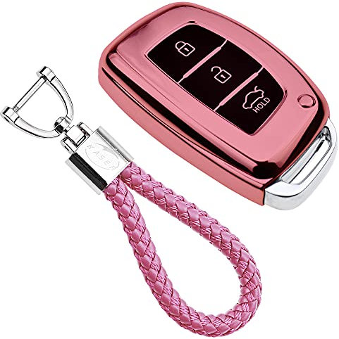 KASER Autoschlüssel Hülle kompatibel für Hyundai Cover TPU Silikon Hochglanz Schutzhülle Schlüsselhülle Fernbedienung Keyless Hyundai Kona i10 i30 ioniq Tucson Santa Fe Schlüsselbund (Pink)