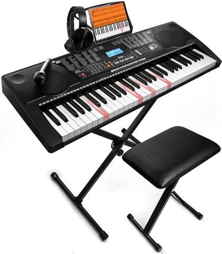 Teclado electrónico portátil de 61 teclas con teclas iluminadas de tamaño completo, LCD, auriculares, soporte X, taburete, soporte de música, micrófono, calcomanías de notas, altavoces integrados, 3