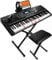 Teclado electrónico portátil de 61 teclas con teclas iluminadas de tamaño completo, LCD, auriculares, soporte X, taburete, soporte de música, micrófono, calcomanías de notas, altavoces integrados, 3