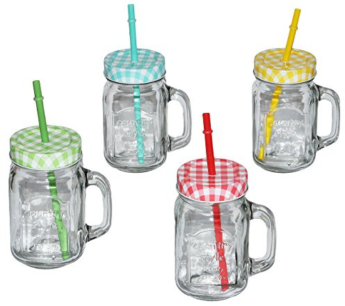 alles-meine.de GmbH 4 STK Henkelbecher - Gläser mit Strohhalm & Deckel - Bunte Farben - Trinkbecher als Milchglas Sommerglas - Flasche z.B. Limonade Erfrischung Sommer - Sm..