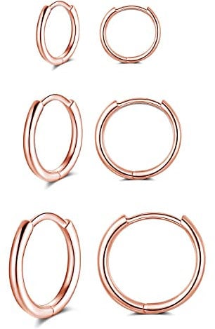 GULICX Silver Rose Gold Hoop Earrings Set for Women Men Girls, 3 Pairs Hypoallergenic 925 Sterling Silver Unisex Small Helix Cartilage Tragus Sleeper Hoops Huggie Hinged Earrings (8mm/10mm/12mm)