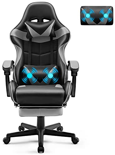 Soontrans Silla Gaming con Masajeador, Silla Gamer con Reposapiés & Reposacabeza & Masaje Vibratorio Cojín Lumbar, Sillon Gaming para Livestreaming Youtube Playstation Xbox (Gris)