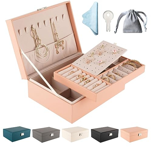 LeeFyy Jewellery Organiser, 2 Layer PU Leather Jewellery Box with key, Jewelry Box for Women, Jewellery storage Organiser for Necklace Earrings Bracelet Ring Accessories