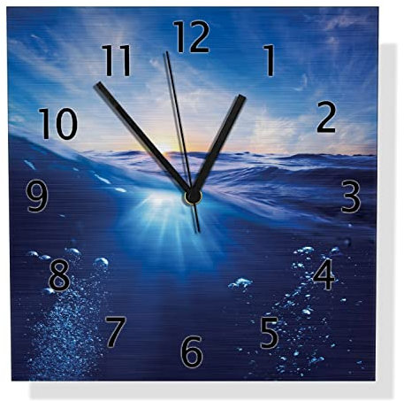 Wallario Design Wanduhr Wellen im Meer bei Sonnenuntergang aus Aluverbund, Alu-Uhr Größe 30 x 30 cm, Schwarze Zeiger mit Metalloptik