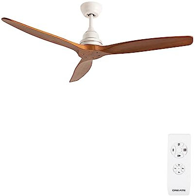 CREATE / WINDWOOD/Ventilador de techo blanco aspas madera oscura con mando / 75W, Silencioso, Ø132 cm, 3 velocidades, temporizador, 2 alturas
